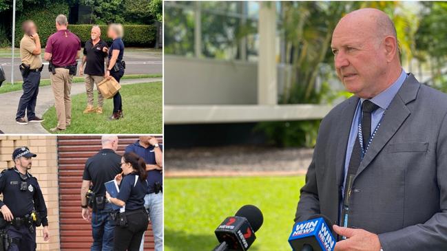 Police on scene at Gardak Street in Maroochydore on Wednesday afternoon (left) and Daren Edwards addressing the media on Thursday (right). Pictures: Patrick Woods/Maddie Manwaring