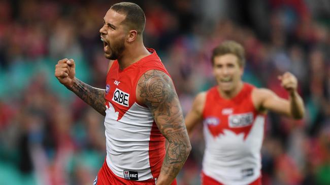 Lance Franklin celebrates a goal against Gold Coast.