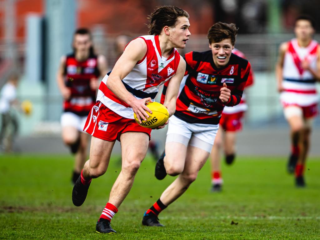 STJFA Grand Finals: Clarence vs Lauderdale U15 Final Harry Silvester, Clarence. Ben Williams, Lauderdale Picture: Linda Higginson