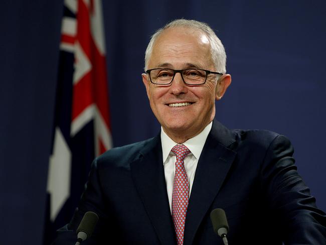 A very happy Prime Minister Malcolm Turnbull announces a major school funding overhaul made in agreement with David Gonski. Picture: Kristi Miller