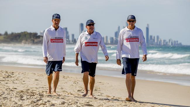 Veteran Gold Coast lifeguards Scott Franzmann, Anthony Lunney and Peter Ball. Picture: Jerad Williams