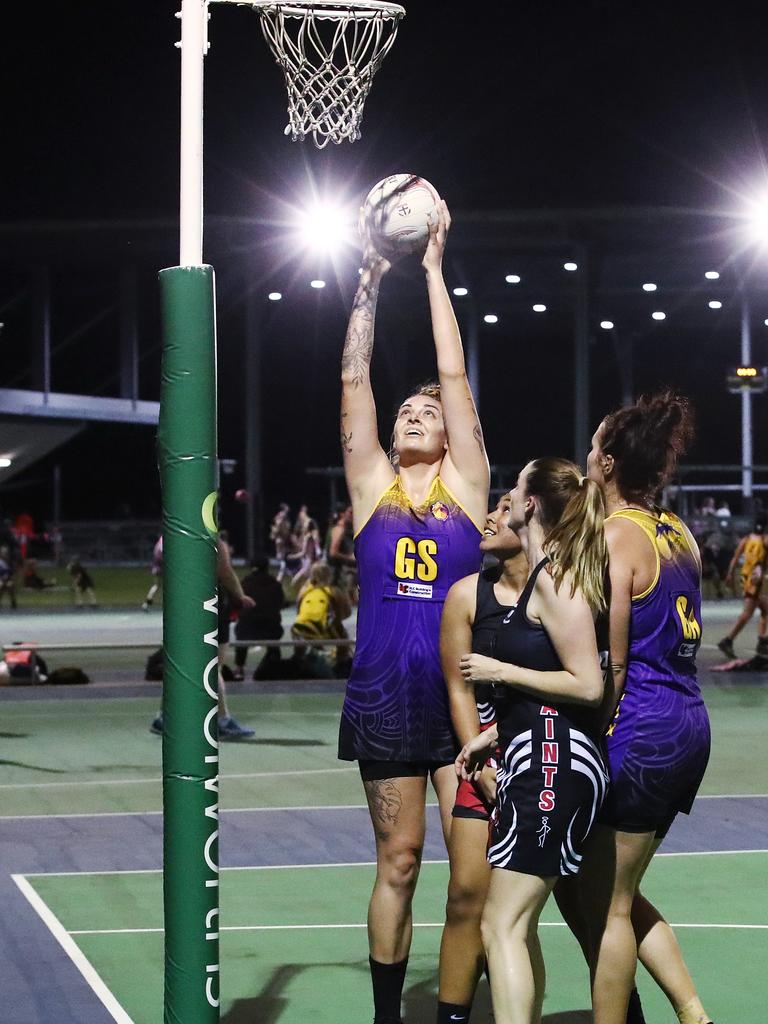 Fierce's Cayla George shoots the ball in the Cairns Netball Association Senior Division 1 match between the Phoenix Fierce and the Cairns Saints. PICTURE: BRENDAN RADKE