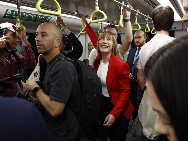 NSW Transport Minister Jo Haylen taking a ride on the new Metro. Picture: Richard Dobson