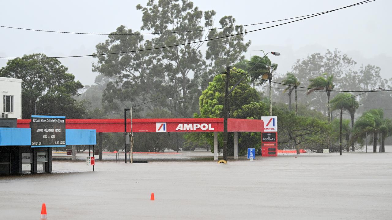 A service station is inundated by floodwater on March 30 in Lismore. Picture: Dan Peled/Getty Images