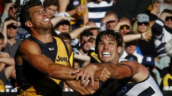 Good chance we see some Alex Rance v Tom Hawkins on Friday night. Picture: Wayne Ludbey