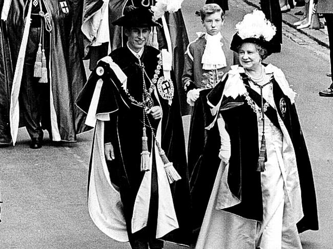 Prince Charles with the Queen Mother after he was invested and installed with Most Noble Order Of The Garter by his mother Queen Elizabeth II, at Windsor Castle in 1968.