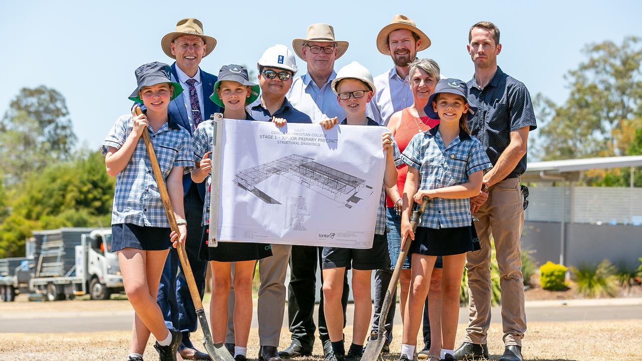 Cooloola Christian College members at the primary centre ground breaking ceremony. Left to right: Imogen Bramley, principal Ross Waltisbuhl, Phillippa Smith, business manager Paul Suffolk, Pax McAllister, Pastor Ben Cumerford, P &amp; F president Jenny Parker, Madison Alabaster, board director Adam Renwick.