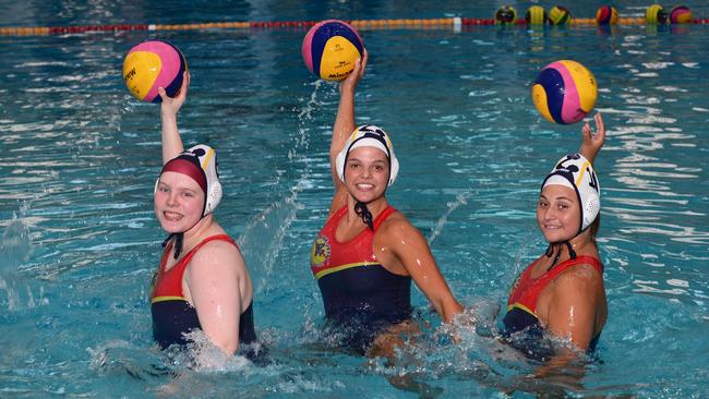 SA water polo players Sarah Fleming, Tahlia Scipioni and Kate Baker. Picture: Michael Marschall