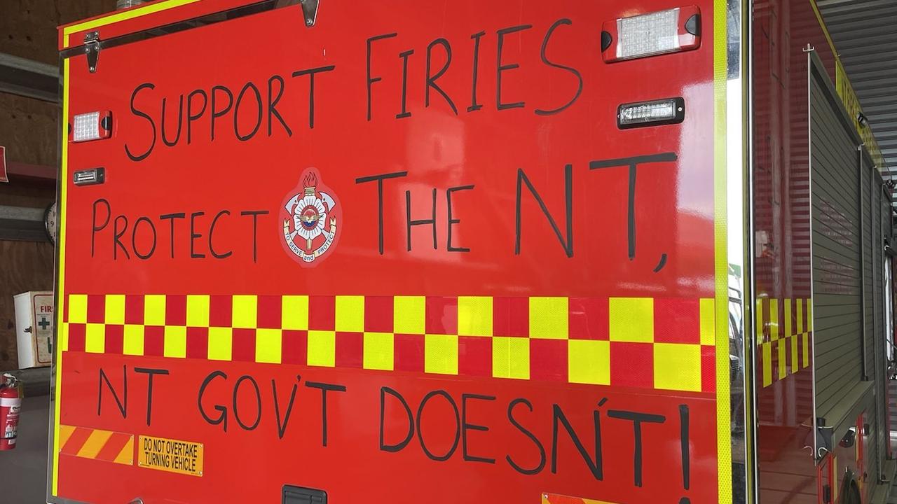 NT Firefighters have been writing slogans on their firetrucks as part of a protected industrial action during ongoing EBA negotiations. Picture: Supplied.