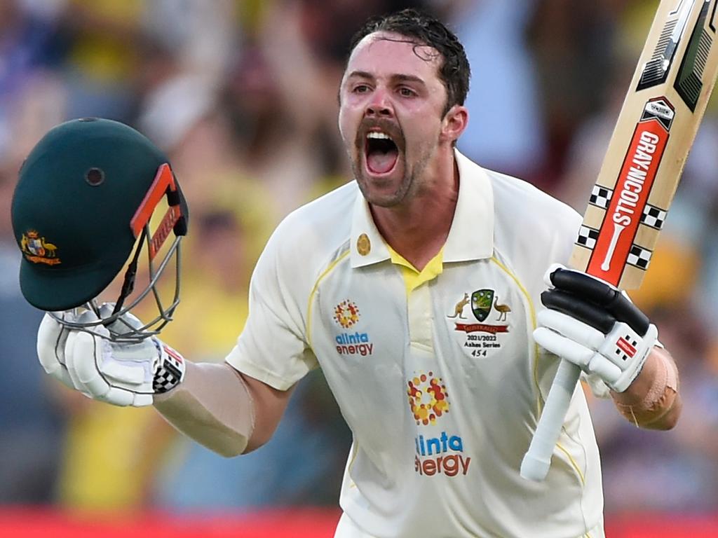 Travis Head celebrates his brilliant Ashes Test century with a roar at The Gabba. Picture: Matt Roberts - CA/Cricket Australia via Getty Images