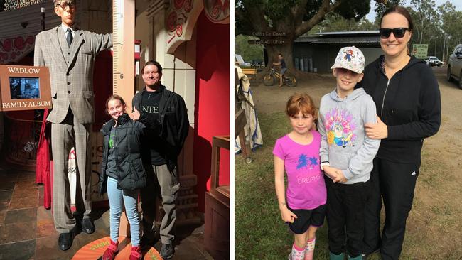 (Left) Claire at age 10 at Ripley’s with a model of the Alton Giant, who likely had same gene. (Right) Claire (middle) aged 7, 160cm, with her mother Toni McCulloch and her cousin Kirralee McCulloch who was born just six days before Claire.