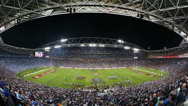 A general view of ANZ stadium as the teams run onto the field during game two of the 2014 State of Origin series.