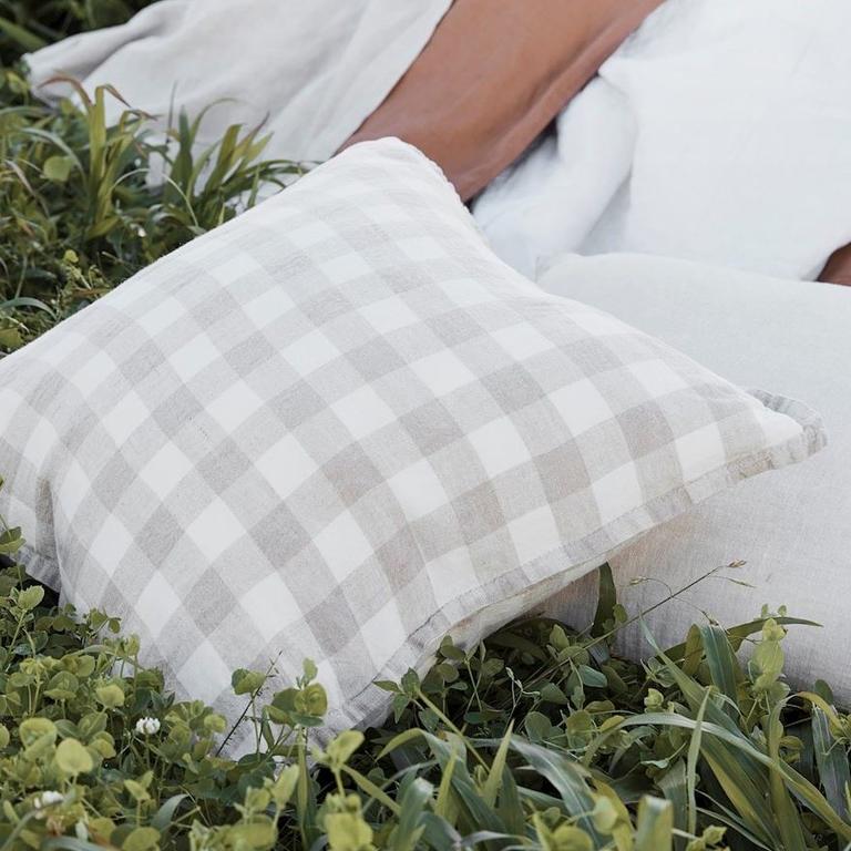 Home Republic Belgian White Check Vintage Washed Linen Cushion. Picture: Adairs.