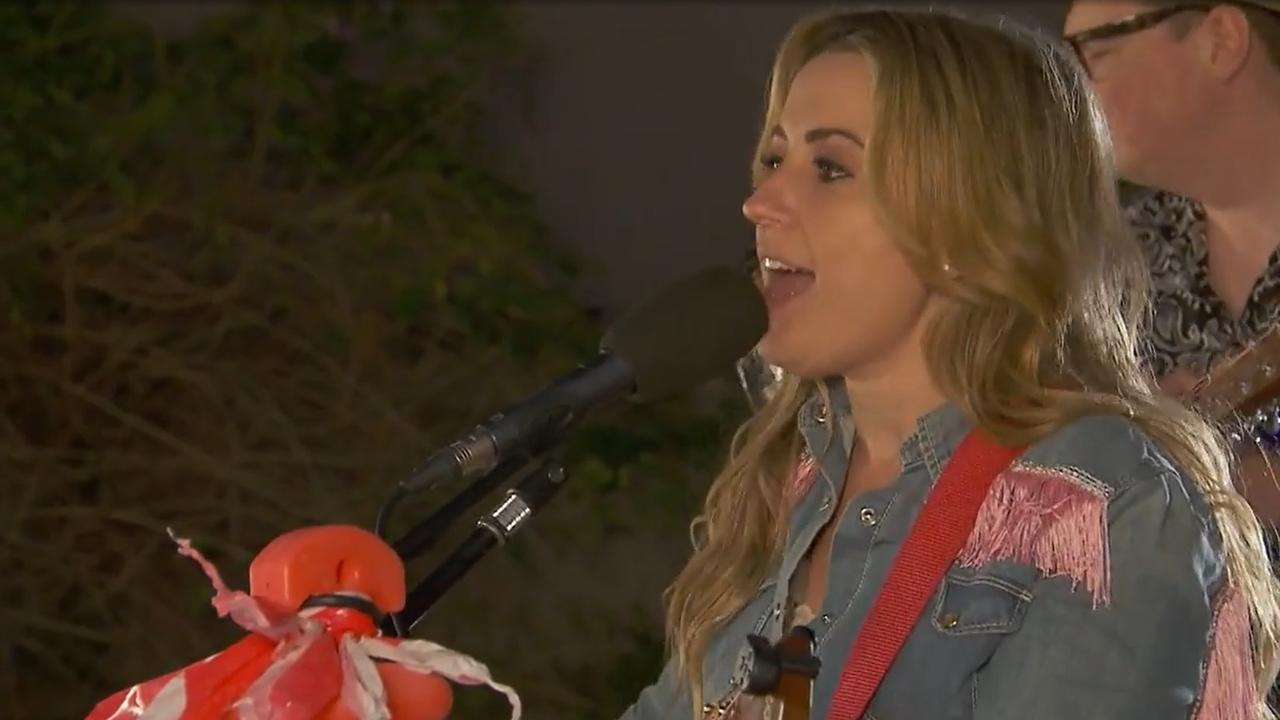 Kirsty vents her frustrations at the cheaters through song at the winners dinner. Picture: Supplied, Channel 9