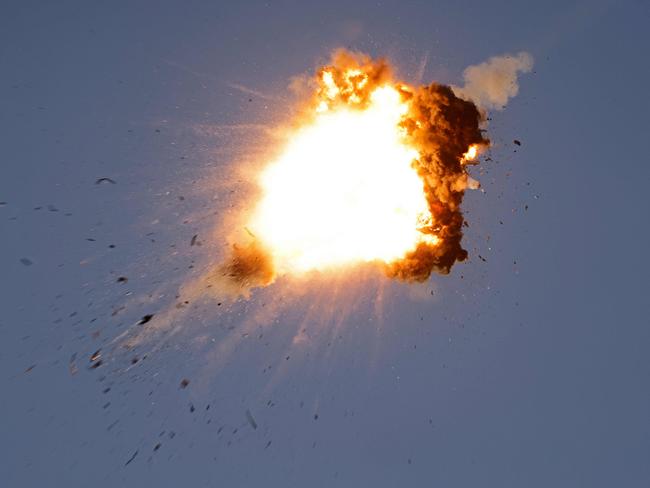 This photo taken from a position in northern Israel shows a Hezbollah UAV intercepted by Israeli air forces over north Israel. Picture: AFP