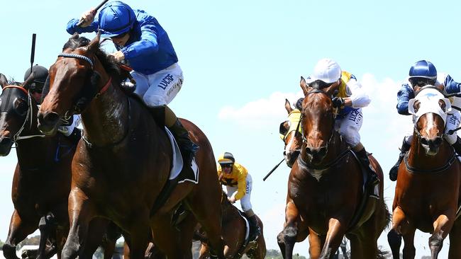 MELBOURNE, AUSTRALIA — NOVEMBER 11: Damian Lane rides #5 Moher to win race four the Sensis Digital Trophy during 2017 Stakes Day at Flemington Racecourse on November 11, 2017 in Melbourne, Australia. (Photo by Robert Cianflone/Getty Images)