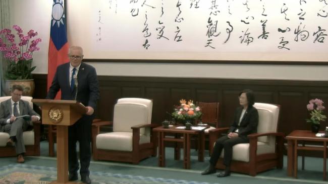 Former prime minister Scott Morrison addresses Taiwanese President Tsai Ing-wen in Taipei on Tuesday. Picture: Taiwan Presidential Office