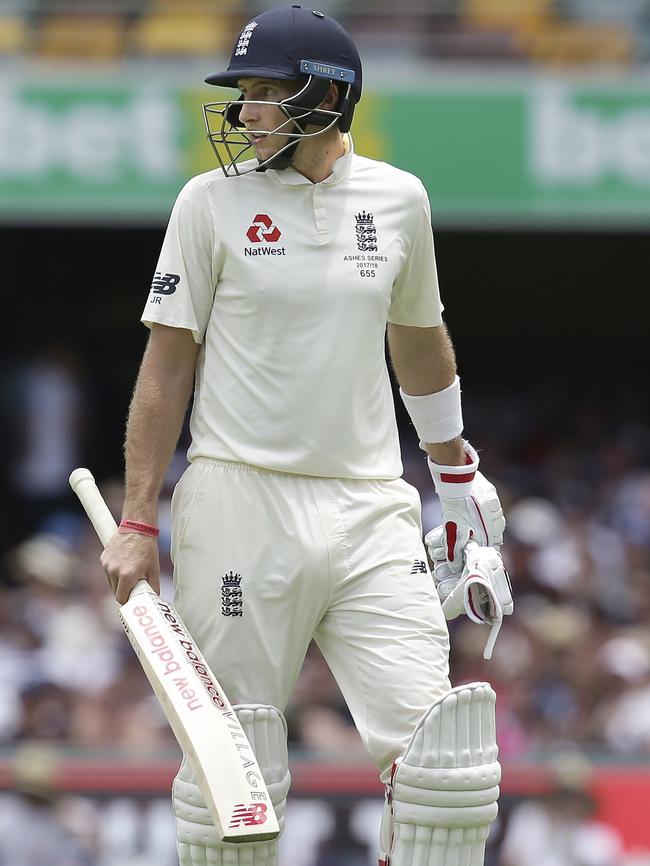 Joe Root departs after being dismissed in the second innings.