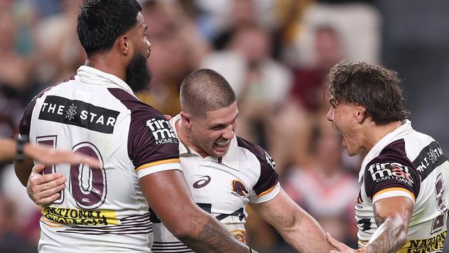 SYDNEY, AUSTRALIA - MARCH 06: Cory Paix of the Broncos celebrates a try during the round one NRL match between Sydney Roosters and Brisbane Broncos at Allianz Stadium, on March 06, 2025, in Sydney, Australia. (Photo by Matt King/Getty Images)