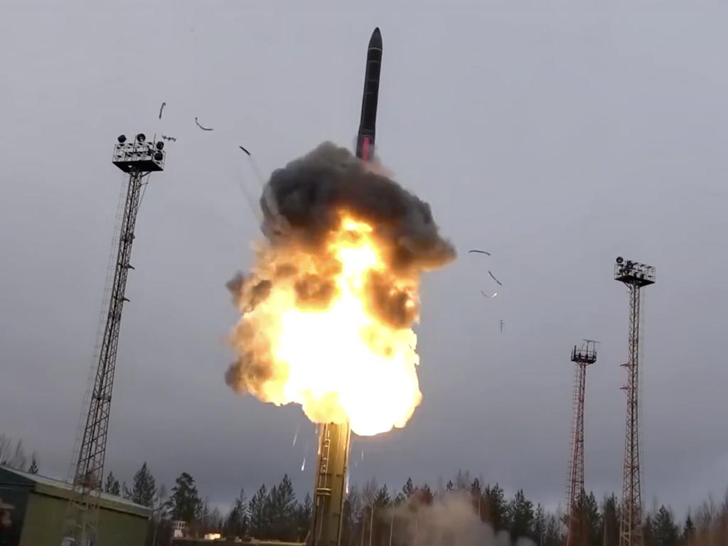 An intercontinental ballistic missile lifts off from a truck-mounted launcher somewhere in Russia. Picture: Russian Defence Ministry Press Service via AP