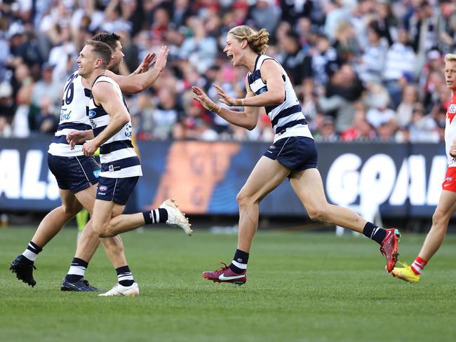 Sam De Koning of the Geelong Cats celebrates kicking a goal during the 2022 AFL Grand Final.. Picture: Mark Kolbe