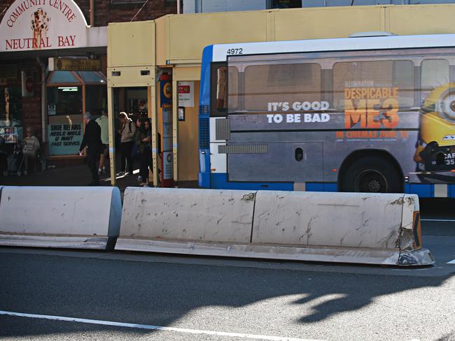 Pedestrian barriers in Military Rd, Neutral Bay, which residents believe will replace the safer, higher pedestrian railings in Cremorne for the B-Line project’s tidal flow changes. Picture: Adam Yip