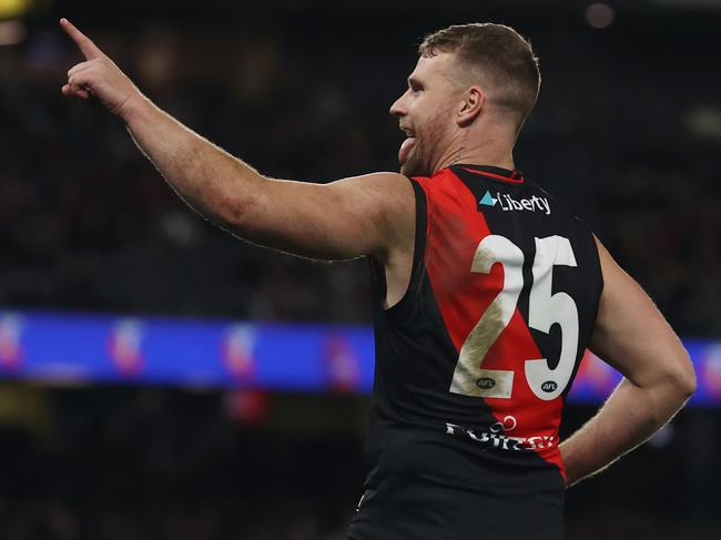 MELBOURNE - July 9 : AFL.  Jake Stringer of the Bombers after kicking a goal from the pocket 4th qtr during the round 17 AFL match between Essendon and Adelaide at Marvel Stadium  on July 8, 2023.  Photo by Michael Klein.