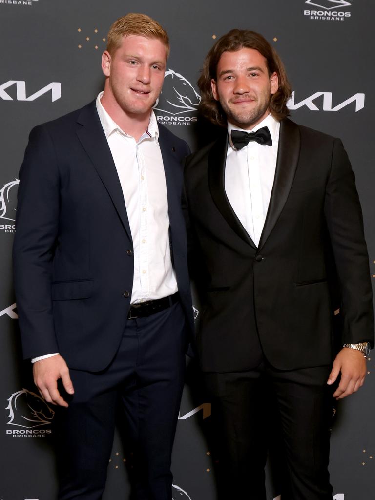 Tom Flegler and Pat Carrigan at Brisbane Broncos’ 2022 awards night. Picture: Steve Pohlner