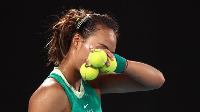 Zheng Qinwen has served six double faults on Rod Laver Arena tonight. Picture: David Gray/AFP