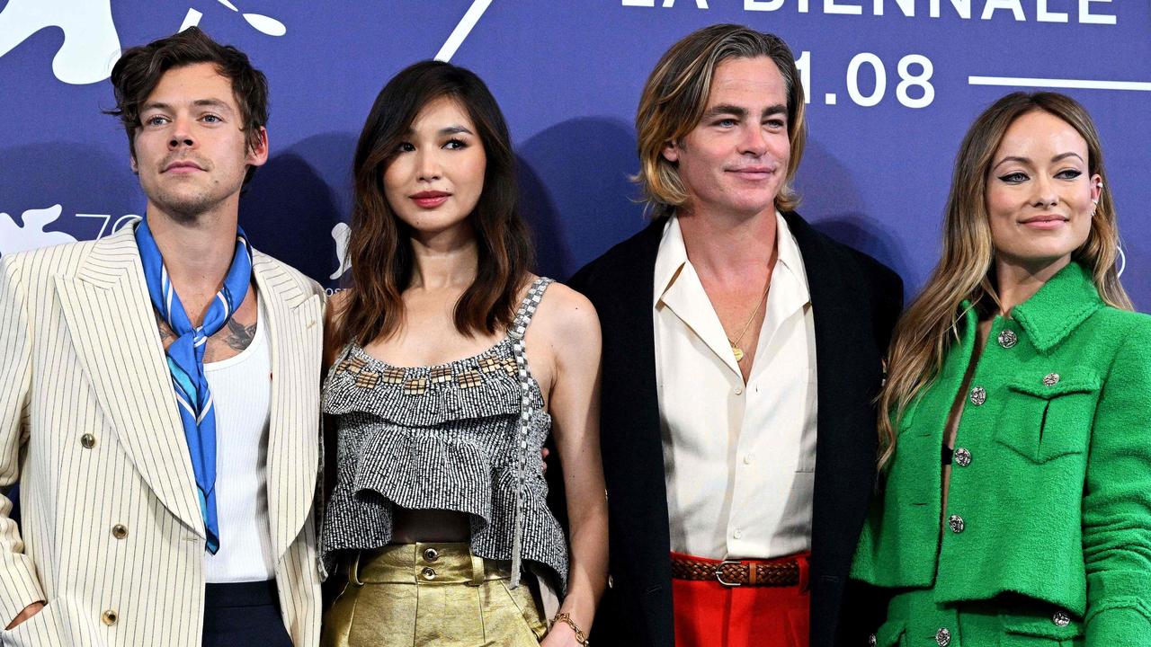 Styles (left) and Wilde (right) with Don’t Worry Darling co-stars Gemma Chan and Chris Pine. Picture: Tiziana Fabi/AFP