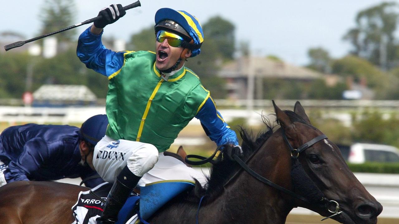 24/02/2007 RACING: Caulfield Race 6. Sleek Chassis (Dwayne Dunn) celebrates victory in the Arrowfield Stud Blue Diamond Stakes. Pic. Wells Ron