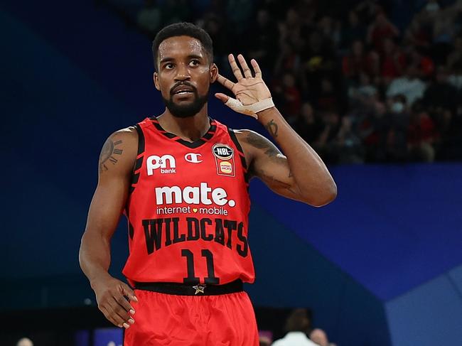 Wildcats star and four-time NBL MVP Bryce Cotton gestures to the supporters during the win against the Phoenix at RAC Arena. Picture: Getty Images