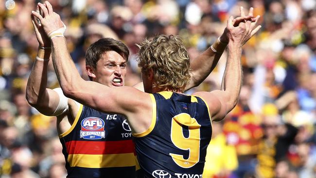 Matt Crouch celebrates a goal with Rory Sloane. Picture: Sarah Reed