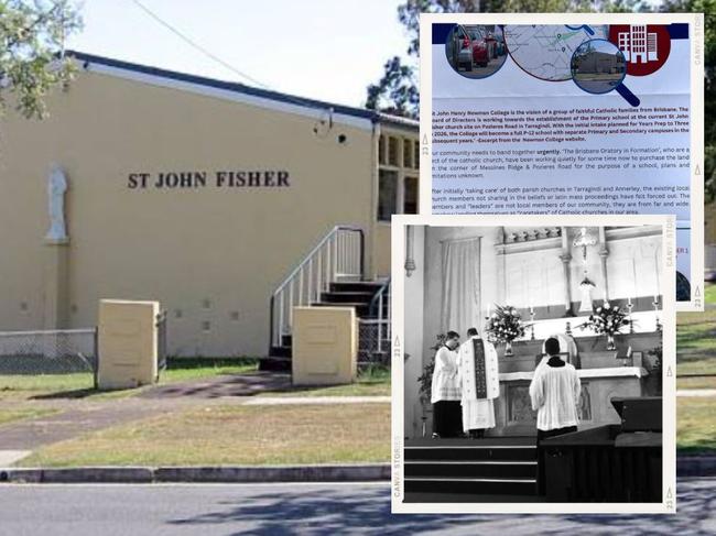 Catholic group Brisbane Oratory In Formation (bottom right) wants ot build a school at Tarragindi's St John Fisher Church site which has angered some locals (Facebook post, top right).