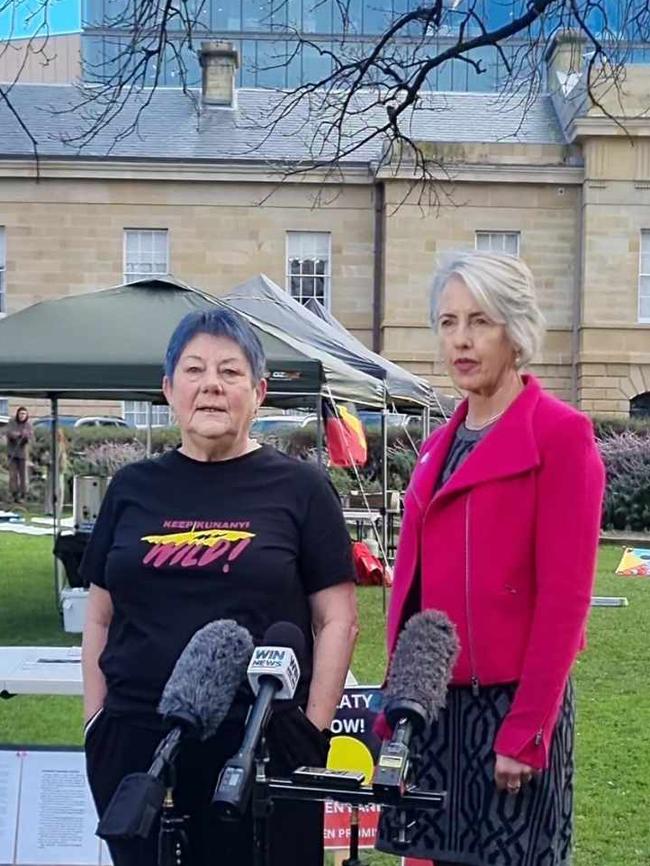 Theresa Sainty and Rosalie Woodruff speak to the media at treaty encampment after Ms Sainty resigned from government led treaty and truth telling group. Picture: Elise Kaine