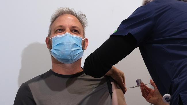 Victoria’s Chief Health Officer, Brett Sutton, receives his first COVID-19 vaccination. Picture: Getty Images