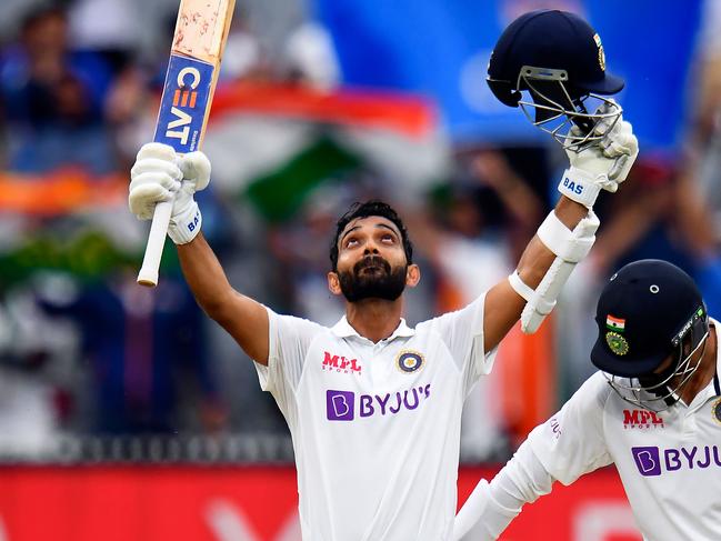 India's Ajinkya Rahane celebrates his century at the MCG on day two. Picture: AFP