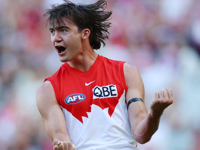 AFL Round 3.   02/04/2021.  Richmond vs Sydney Swans at the MCG, Melbourne.  Sydneys Logan McDonald celebrates his goal late in the fourth quarter   . Pic: Michael Klein