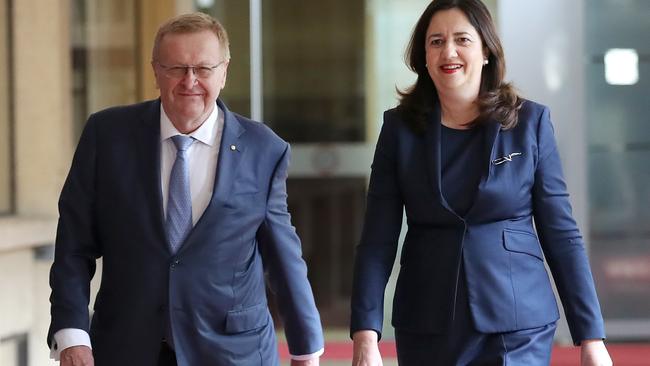 Australian Olympic Committee president John Coates and Premier Annastacia Palaszczuk discuss Queensland’s 2032 Olympic Games bid. Picture: Jono Searle