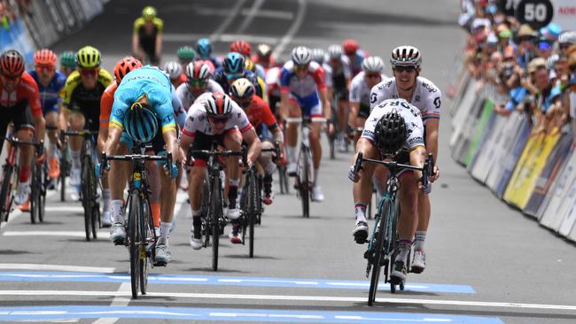 Peter Sagan from team Bora Hansgrohe wins stage three of the Tour Down Under from Lobethal to Uraidla in South Australia, Thursday, January 17, 2019. (AAP Image/David Mariuz) NO ARCHIVING, EDITORIAL USE ONLY