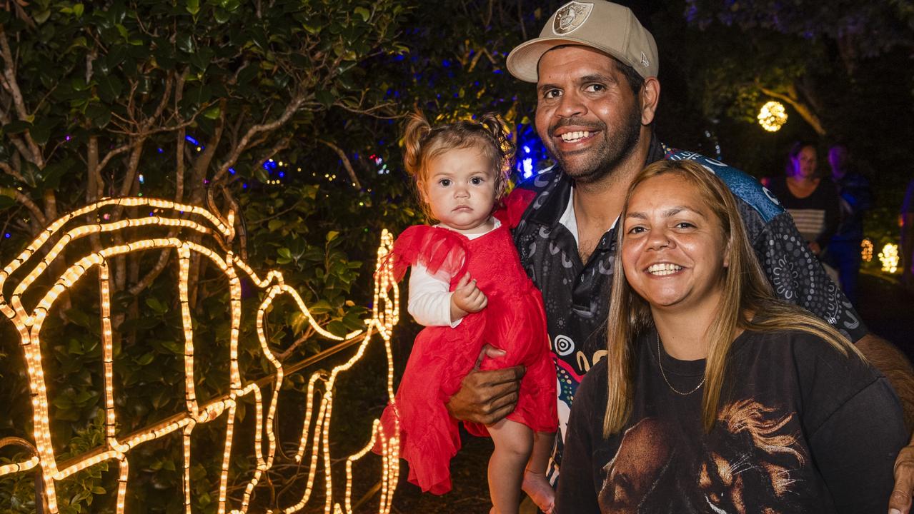 Enjoying Toowoomba's Christmas Wonderland are (from left) Autumn Bateup, Alf Orcher and Tamika Clevin at the annual Christmas lights display in Queens Park, Saturday, December 2, 2023. Picture: Kevin Farmer