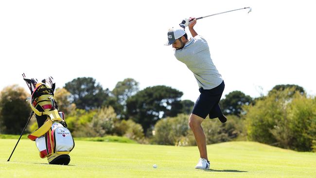 Juan Postigo plays a shot at The Lakes Golf Club. Picture: Brett Costello