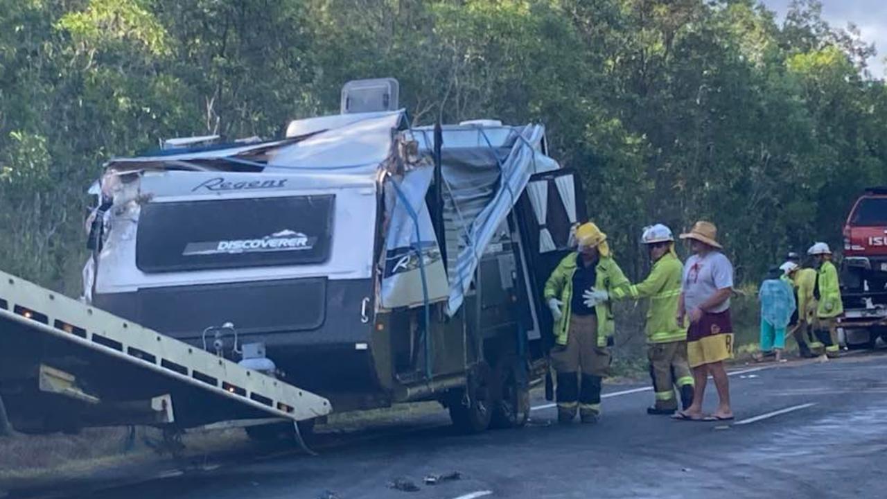 Allen Goodall's caravan was extensively damaged in a three-vehicle crash on Yakapari Seaforth Rd near Seaforth about 3.45pm Friday. Picture: Madeleine Graham