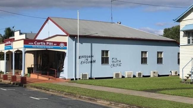 An anti-crime message was painted on the wall of Mulgrave MP Curtis Pitt's Gordonvale office last week. Picture: Supplied