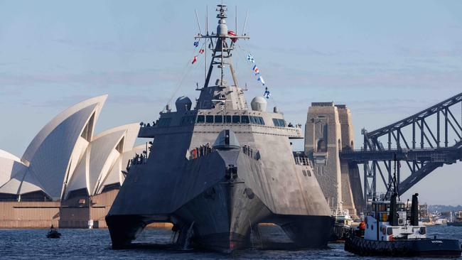 USS Canberra arrived in Sydney and will be commissioned this weekend. The Ship was built in the US by Austral, an Australian ship building company. Picture: NCA NewsWire / David Swift