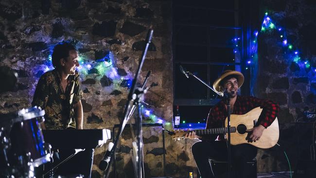 Jae Laffer and Alex Gow recording an album in the old courthouse in the West Pilbara ghost town of Cossack. Picture: Russell Ord Photography (www.russellordphoto.com)