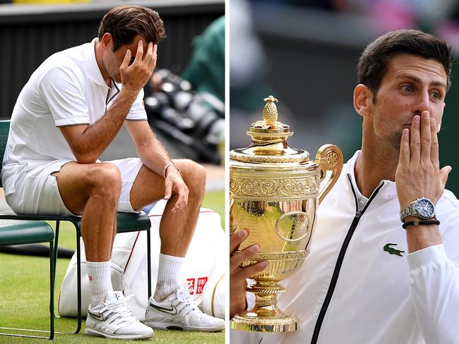 A shattered Roger Federer (left) comes to terms with his WImbledon final loss as Novak Djokovic celebrates with the trophy. Pictures: Agencies