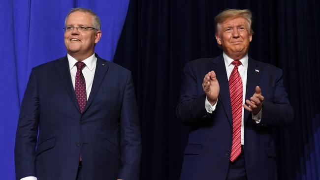 Scott Morrison with Donald Trump at the Pratt Industries plant in Wapakoneta, Ohio on Monday. Picture: AFP