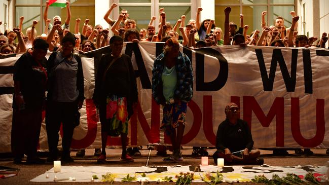 Hundreds of Top End residents gathered outside the NT Parliament on Wednesday for a vigil for Kumanjayi White, a 24-year-old Warlpiri man with a disability who died after being restrained by police in the Alice Springs Coles. Picture: Zizi Averill