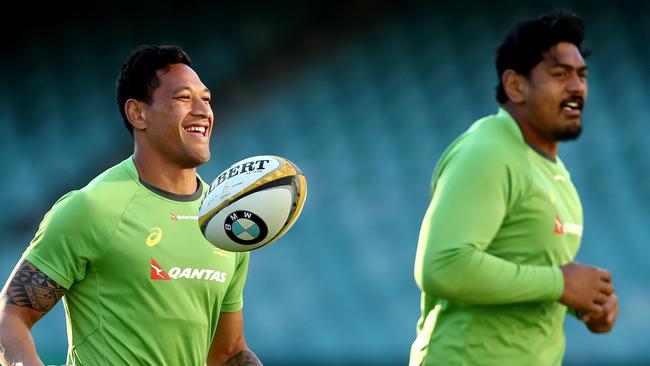 Israel Folau and Will Skelton  during the Wallabies training session at Allianz Stadium , Moore Park . Picture : Gregg Porteous